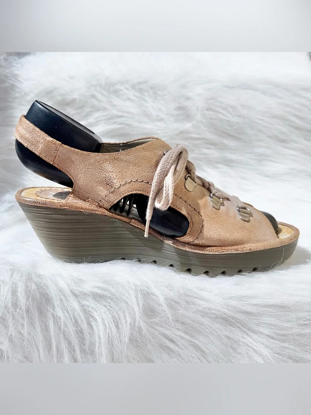 Lace-Up Metallic Taupe Wedge Sandal
